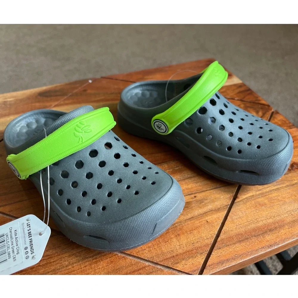 Joybees‎ Kids Active Clog Charcoal Grey Neon Green Slip On Water Shoes Size C8/9